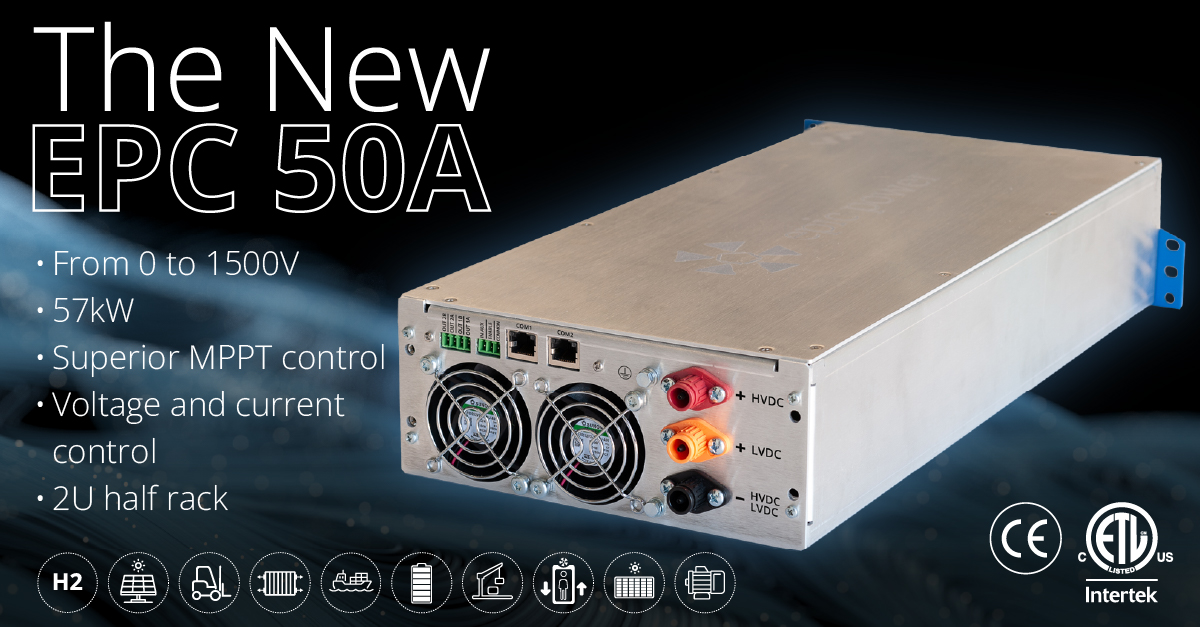 New non-isolated bidirectional DC/DC converter EPC 50A from epic power converters. Image showing the back side view and specs: From 0 to 1500V, 57kW, Superior MPPT control, Voltage and current control, 2U half rack. CE and UL (ETL).