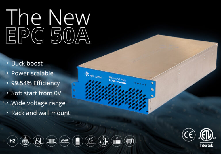 New non-isolated bidirectional DC/DC converter EPC 50A from epic power converters. Image showing the front side and specs: Buck boost, power scalable, 99,54% efficiency, Soft stard from 0V, Wide voltage range, Rack and wall mount. CE and UL (ETL).